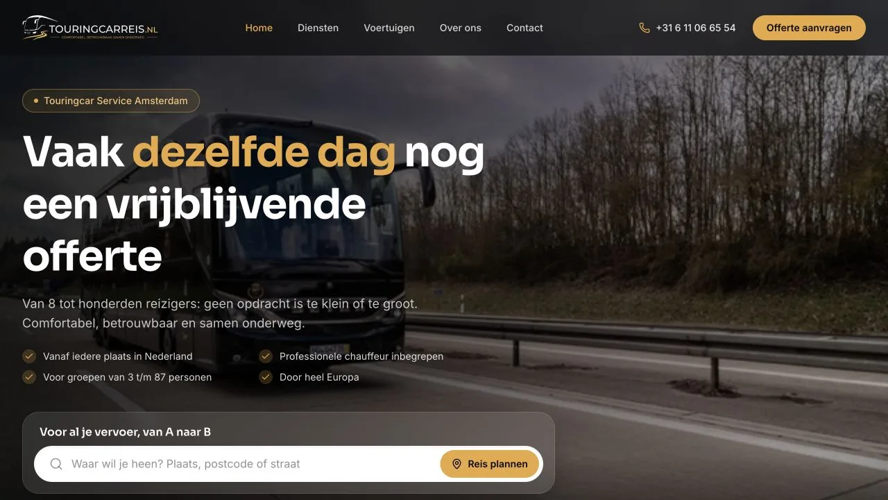 Homepage van Touringcarreis.nl met directe reisplanner